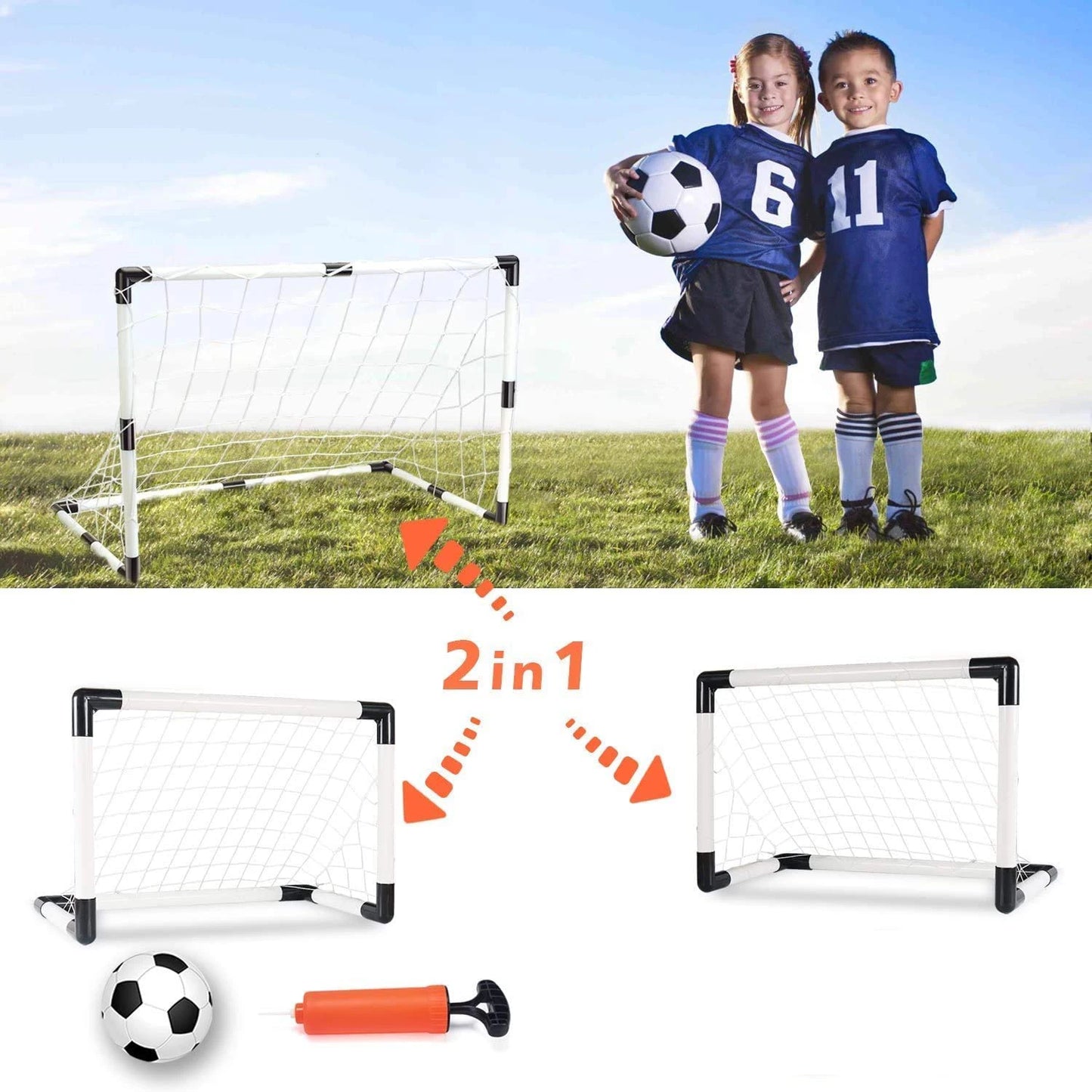 2In1 Mini Football Soccer Ball Goal Folding Post Net + Pump Kids Sport